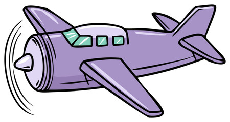 Obraz premium Whimsical Purple Propeller Airplane Flying Forward with Spinning Blades Cartoon Style