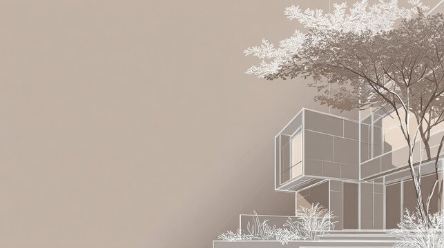 Minimalist banner with architectural blueprint line drawing white background