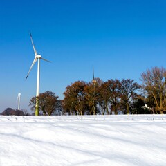 Snowy field with wind turbines, winter landscape