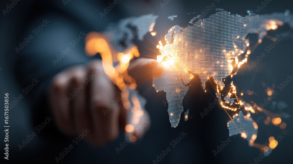 Aufkleber digital world map with glowing connections, representing global communication and technology. hand p