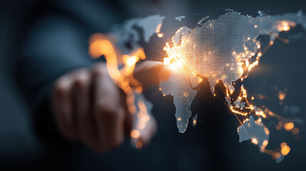 Digital world map with glowing connections, representing global communication and technology. hand points to specific location, symbolizing interaction and engagement