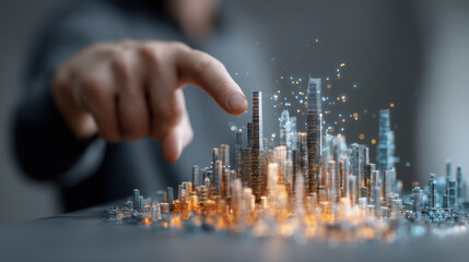 Hand points towards futuristic cityscape made of glowing skyscrapers and digital elements, symbolizing innovation and technology. scene conveys sense of creativity and advancement