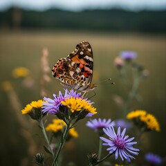 Obraz premium Macro close up of a colorful butterfly resting on wildflowers, vibrant nature background, perfect for spring and summer themes.