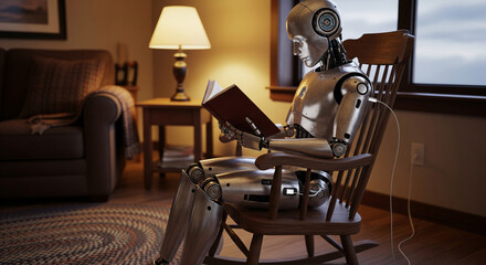 A robot reading book like humen in an fancy interiored room while getting charging