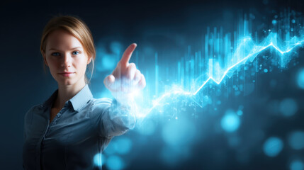 Woman in blue shirt interacts with glowing digital graph, symbolizing growth and technology. background features dark setting with bright blue light effects, creating futuristic atmosphere
