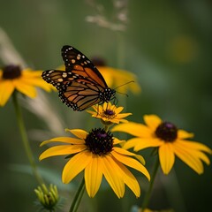 Obraz premium Macro close up of a colorful butterfly resting on wildflowers, vibrant nature background, perfect for spring and summer themes.
