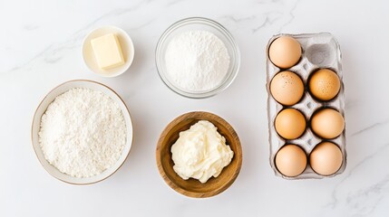 Several raw ingredients for scones are organized neatly on a marble countertop, including flour, butter, eggs, and cream