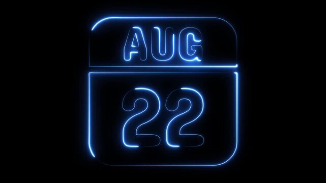August twenty second calendar date glowing neon blue light on black background digital animation abstract concept for