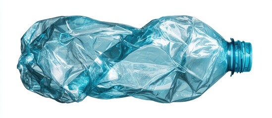 Crumpled teal plastic bottle isolated on white