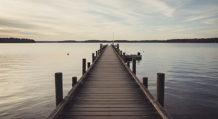 Obraz premium Wooden pier extends over calm lake