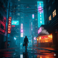 Cyberpunk Streets: A Solitary Figure in the Neon Rain © Muhamad