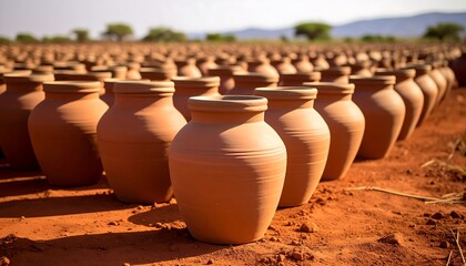 Numerous terracotta jars drying in the sun on red earth