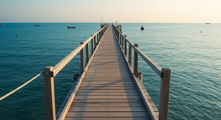 Wooden pier leading to ocean at sunrise