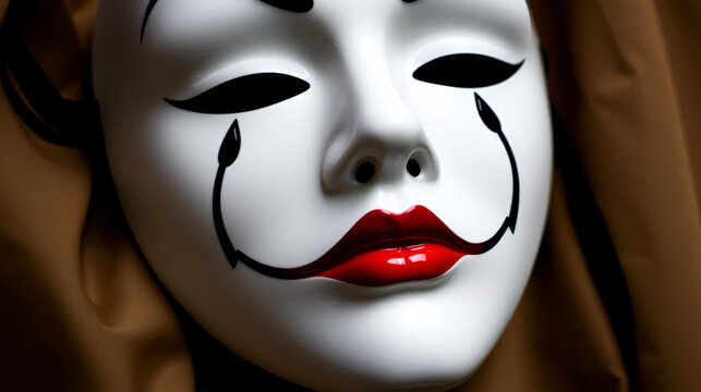 Stylized white mime mask with closed eyes, black teardrops, and contrasting red lips.