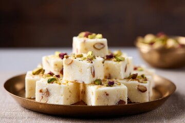 Traditional Indian sweets arranged beautifully on a decorative plate, showcasing layers of texture and vibrant colors, perfect for celebrating Diwali festivities and cultural traditions