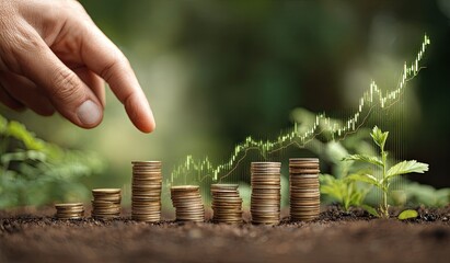 Hand pointing at stacked coins, rising graph on soil with plants