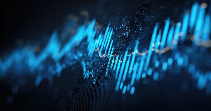 Abstract financial data visualization.  Blue line graphs on a dark background, showing fluctuating values