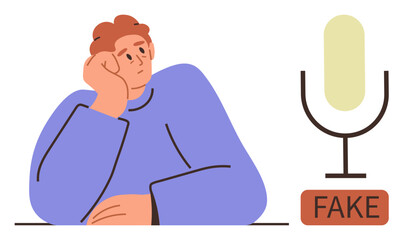 Thoughtful person resting head on hand near a vintage microphone marked fake. Ideal for media literacy, misinformation, critical thinking, digital ethics, skepticism, awareness campaigns, simple flat