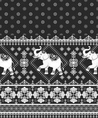 Monochromatic Ethnic Elephant Pattern with Decorative Borders