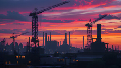 Obraz premium Silhouetted industrial landscape at sunset, featuring cranes and factory structures against a vibrant sky with pink, orange, and purple hues.