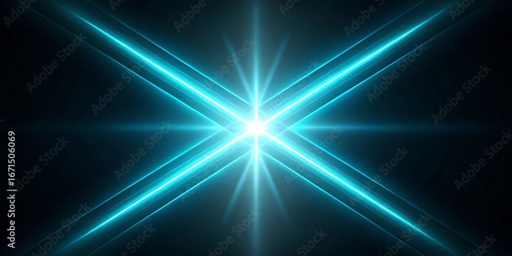 Poster abstract glowing neon blue starburst or explosion effect with light rays and sparkling particles on 