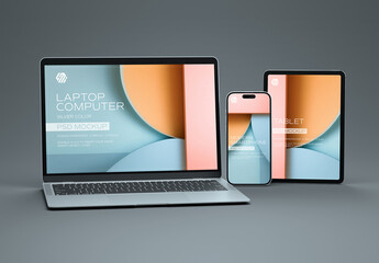 Mobile Phone, Laptop and Tablet Mockup On Grey Background