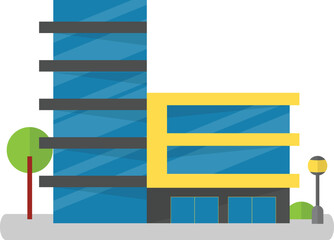 Modern Business Building Complex with Blue Glass Facade and Yellow Accents