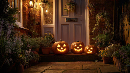 Fototapeta premium Spooky Halloween pumpkins with carved faces glow warmly on doorstep, surrounded by potted plants and flowers, creating festive autumn atmosphere