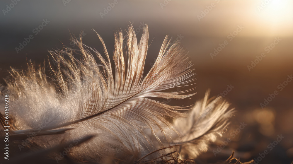 Poster delicate feathers gently resting soft surface, illuminated by warm sunlight, create serene and tranq