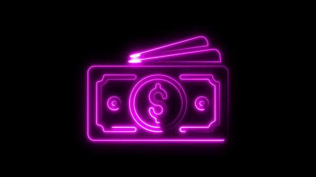 Neon line dollar sign animation. banknote dollar icon isolated on black background. dollar banknote icon. stacked dollar bills representing finance, banking, savings, and economic wealth concept.