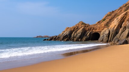 Obraz premium Serene beach scene with golden sand, gentle waves, rocky cliffs, and a cave entrance under a clear blue sky