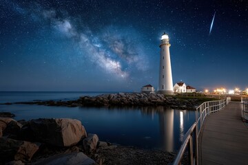 Naklejka premium Lighthouse by the Sea Under a Starry Night Sky with the Milky Way
