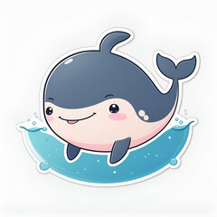 Cute chibi whale with a blush on its cheeks, playfully spouting water. Sticker style frame, plain white background.