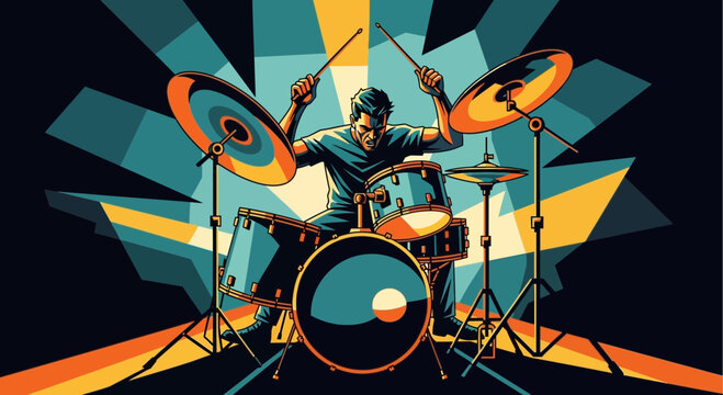 An energetic drummer performs on a full drum kit in a vibrant, modern graphic art style.