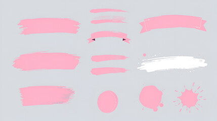 Collection of grunge vector hand drawn elements, banners and paint splashes in pink color...