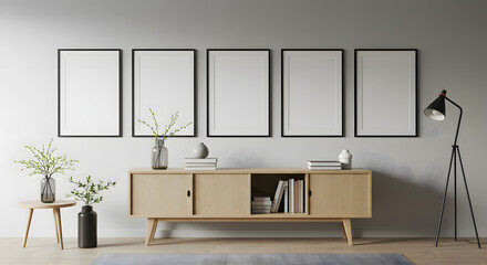Interior with wooden cabinet, frames, lamp, flowers and decorations on a white wall.