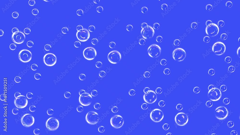 Poster a collection of numerous small, transparent bubbles drift and float across a vibrant, solid blue bac