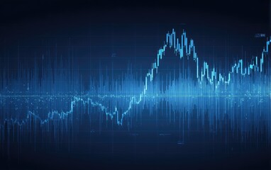 Dark background with light blue stock market graphs and technical indicators