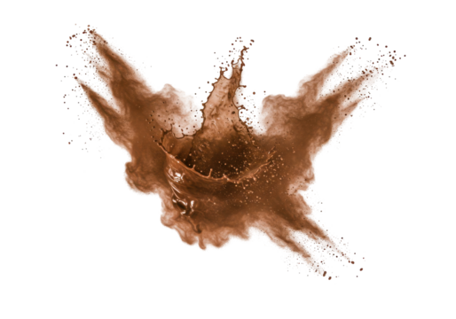 Dynamic splash of brown powder creating an artistic explosion, isolated on white background