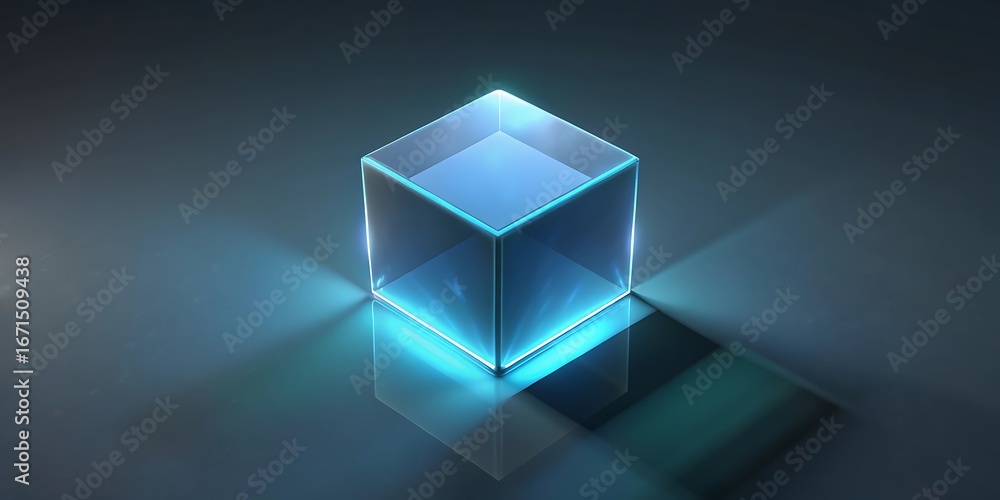 Poster glowing blue cube with light emanating from its edges, casting a shadow on a dark reflective surface