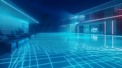 A futuristic blue grid landscape with building structures and water ripples