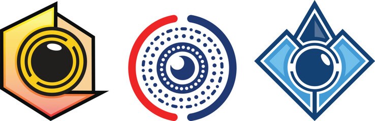 A set of modern vector logos featuring abstract eye and lens designs with geometric shapes. These futuristic icons are ideal for technology companies, security systems, survei
