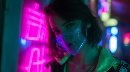 Young woman with a futuristic mask poses under vibrant neon lights in an urban setting during nighttime