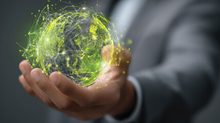 Innovative technology concept showcasing hand holding glowing, interconnected globe symbolizing global connectivity and sustainability. vibrant green highlights represent eco friendliness