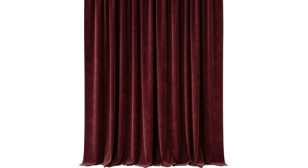 Elegant burgundy velvet curtains hanging in a theater setting, creating a dramatic atmosphere, isolated on white background