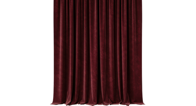 Elegant burgundy velvet curtains hanging in a theater setting, creating a dramatic atmosphere, isolated on white background