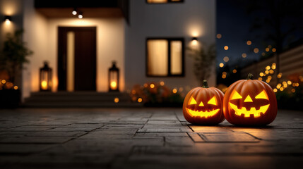Fototapeta premium Spooky Halloween pumpkins glow warmly on stone pathway, creating festive atmosphere outside modern home. inviting lights and decorations enhance seasonal charm