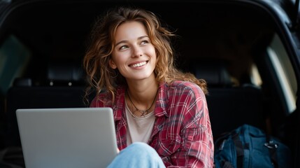 Young woman working on laptop in car trunk during outdoor adventure in nature