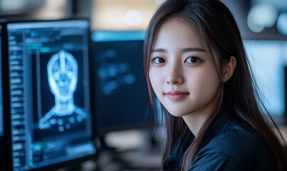 Fototapeta premium Female Asian cybersecurity IT technician analysing dangerous artificial intelligence threats. The image showcases the importance of securing private data and protecting digital, Generative AI