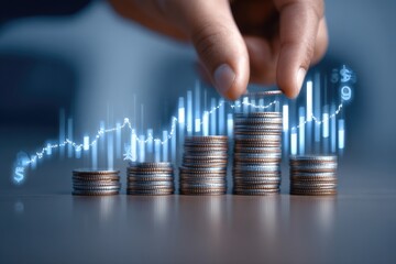 Hand placing coin on top of a stack of coins; increasing graph overlay